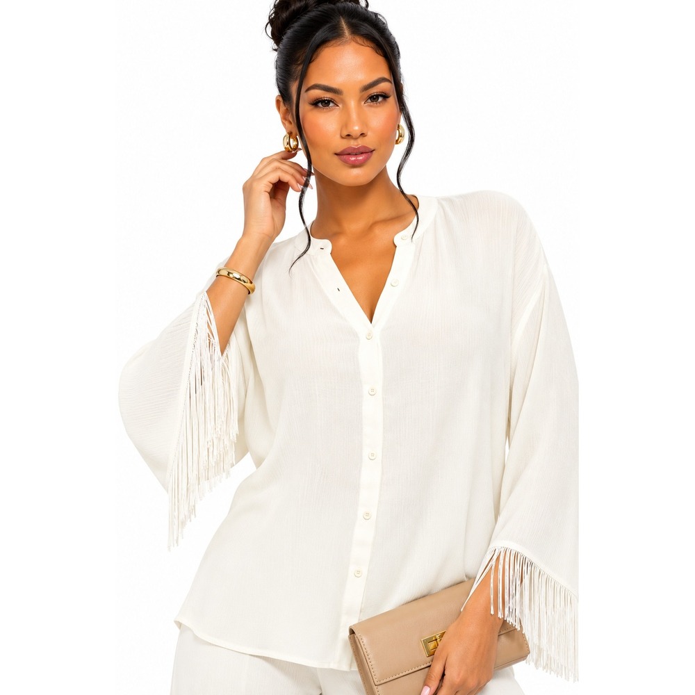 Women's Fringe Button-Up Blouse by WeWoreWhat White‎ Size S New With Tags
